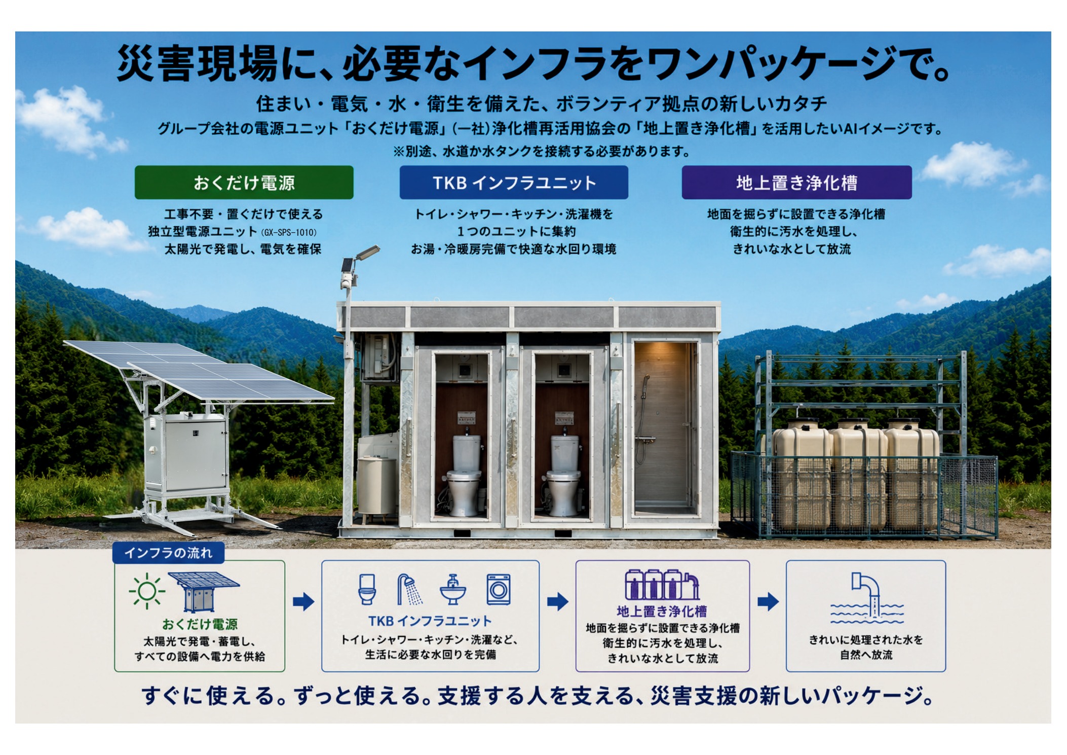 おくだけ電源、TKBインフラユニット、地上置き浄化槽を組み合わせた災害支援の設置イメージ